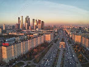 Moscow International Business Center and Moscow urban skyline after sunset. Panorama. Aerial view