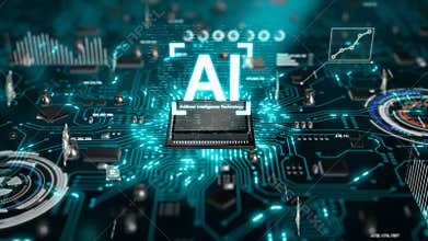 3D Render animation of AI Artificial intelligence in CPU chipset central processor unit and electric print circuit board with data