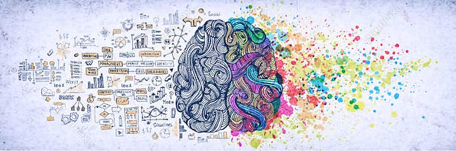 Left right human brain concept, textured illustration. Creative left and right part of human brain, emotial and logic