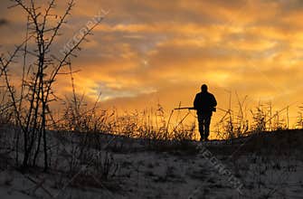 Winter hunting at sunrise. Hunter moving With Shotgun