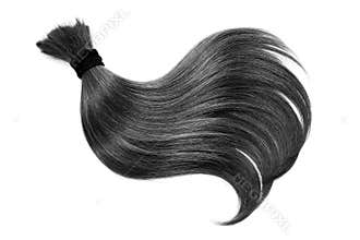 Curl of natural black hair, isolated on white background. Ponytail close up