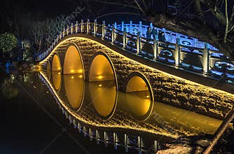Illuminated multi‑arch stone bridge night view at Niushou Mountain scenic spot, Nanjing