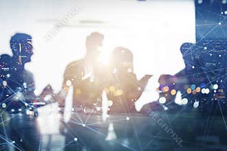 Business people work together in office with internet network effects. Concept of teamwork and partnership. double