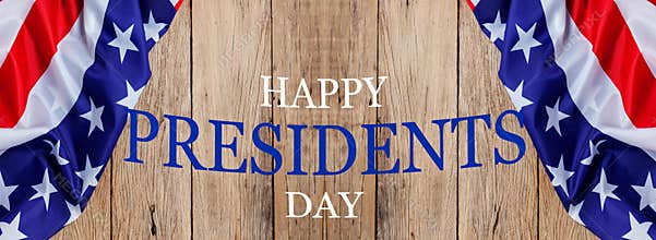Happy Presidents` Day text on wooden with flag of the United States Border