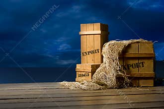 Wooden crates packed for export on dock