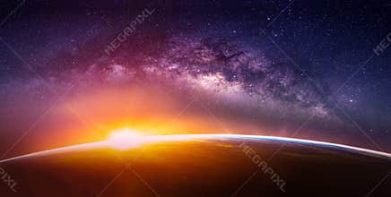 Landscape with Milky way galaxy. Sunrise and Earth view from space with Milky way galaxy. Elements of this image furnished by
