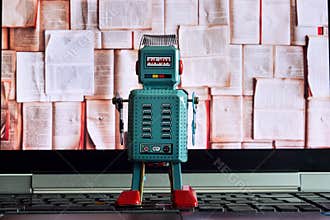 Robot looking at laptop screen with open books, artificial intelligence, big data and deep learning