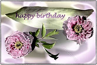 Happy Birthday card with peonies in lilac, pink and green