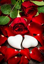 Red roses two white hearts Valentines Day Wedding card vignette