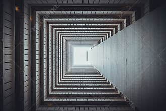 Isometric square bottom view from inside building. Architecture art, design abstract background, or construction industry concept