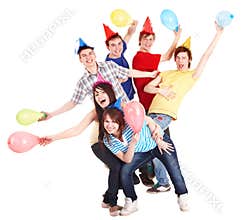 Group of people in party hat and baloon.