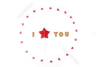 Valentines day concept. Declaration of love, frame made of paper hearts, lollipop in form star. Flat lay, top view