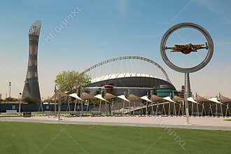 Torch tower and Khalifa international stadium in Aspire Zone, Doha, Qatar