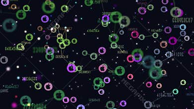 Digital, graphic video animation of network abstract users, flying icons of Apple Corporation, manufacturer of computers