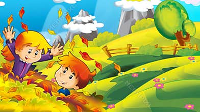 Cartoon happy and funny scene with kids in the park having fun and picnic - illustration