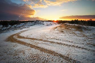 ATV auto sport track at winter. Wheel sandy tracks