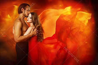 Couple Beauty Portrait, Kissing Man in Love and Seductive Dreaming Woman