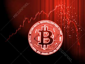Crypto currencies market goes down concept. Glowing Bitcoin BTC on red candle stick charts with extreme price drop background