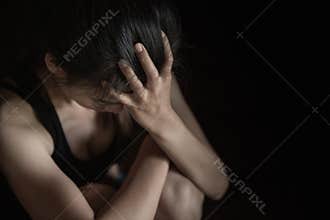 Soft  focus. young woman sad and fear stressful depressed emotional. stop abusing violence in women,person with health anxiety.