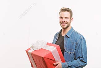 Happy birthday. Man share present. Handsome macho man. Love date. Romantic greeting. Boxing day. unshaven man with