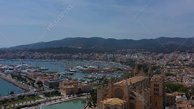 Aerial video footage of palma de mallorca cathedral. Spain island culture. Drone view