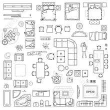 Floor plan icons set for design interior and architectural project view from above. Furniture thin line icon in top view