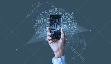 Hand holding mobile smartphone with icon business digital marketing, online payment and banking network