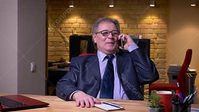 Senior businessman in formal costume in front of laptop talking being joyful on cellphone in office.