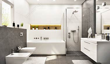 Modern white bathroom with bath and window