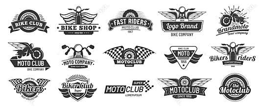 Biker club emblems. Retro motorcycle rider badges, moto sports emblem and motorbike silhouette badge vector set