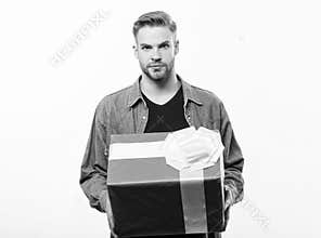 Romantic greeting. Boxing day. Happy birthday. Man share present. unshaven man with present box. Handsome macho man