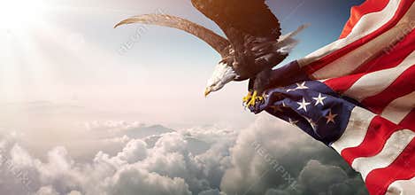Eagle With American Flag Flies