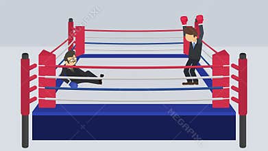 Fighting each other in boxing ring. Businessman battle wearing boxing gloves. Business competition concept. Flat Loop animation.