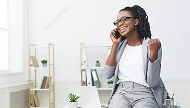 New Job Opportunity. Excited African Woman Talking On Phone