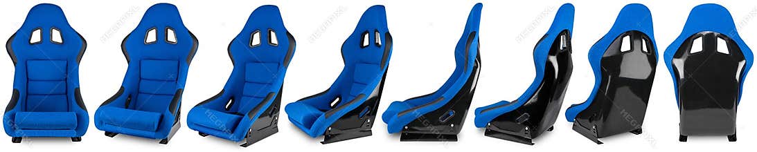Set collection of blue black carbon fiber motorsport race car tuning  sim racing bucket seat isolated white background