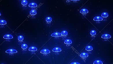 Jellyfish illuminated with color light in the underwater. Fluorescent color under lights. CG loop animation.