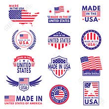 Usa labels. Flag made america american states flags label badge stamp star patriot stripe ribbon emblem sticker banner