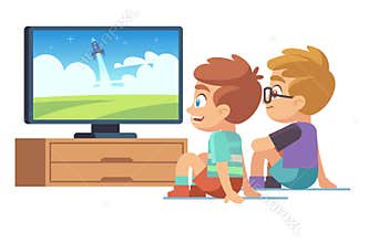 Kids watch tv. Children movie home boy girl watches tv set displaying picture screen character electric monitor cartoon