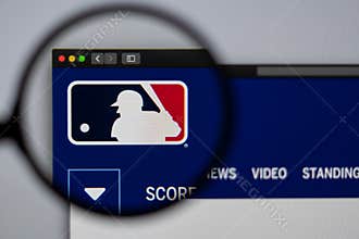 Major League Baseball website homepage. Close up of MLB logo.