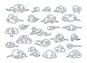 Asian clouds. Chinese oriental ornament japan autumn doodle korean sky decoration traditional vector retro graphic