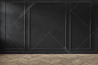 Modern classic black empty interior with wall panels and wooden floor.