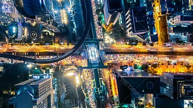 Cityscape Hyperlapse timelapse at night bangkok, Busy traffic across main road at rush hour.