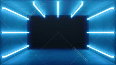 Looped 3D animation, seamless abstract blue room interior with blue glowing neon lamps, fluorescent lamps. Futuristic