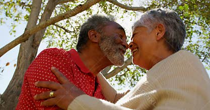 Low angle view of active African American senior couple looking face to face at each other 4k