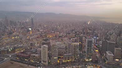 Sunset in the sea. Flying over Beirut Zaytunay bay marina and downtown. Drone aerial shot of Beirut, Lebanon, during sunset.
