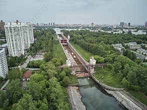 Russia, Moscow, May 2019 - Repairing of Sluice number 8 on the chanel Moscow-Volga, aerial drone view