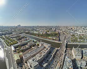 Aerial View on Moscow Red Square, Kremlin towers, Clock Kuranti, Saint Basil`s Cathedral church. Moscow Red Square