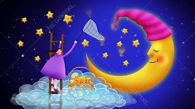 Cute girl collecting stars on clouds, best loop video background