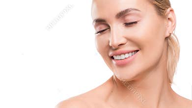Smiling woman with closed eyes. Dental and spa concept. Skincare. Isolated on white background.