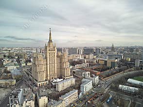 Detailed aerial view of Skyscraper on the Kudrinskaya Square